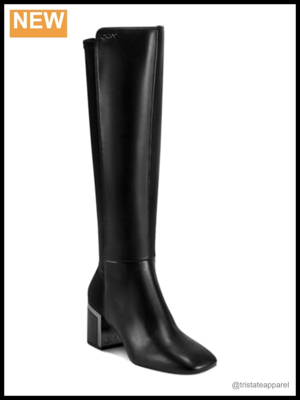 DKNY Kamiah Heeled Knee High Boots Faux Leather Square Toe Block Heel Zip